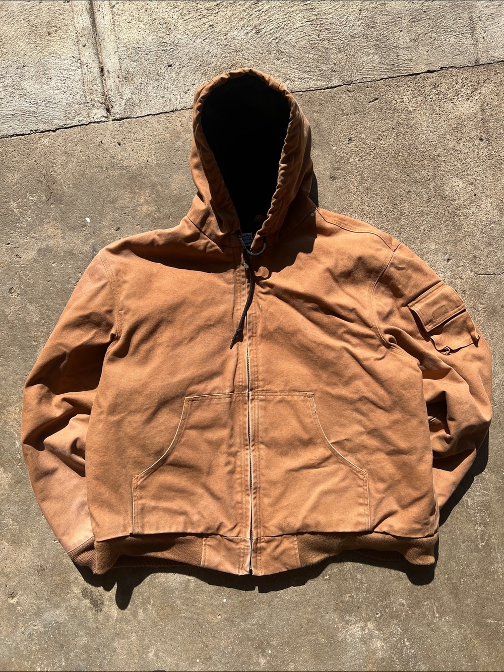 Men's Brown Hooded Work Jacket - Heavy-Duty Zip Front